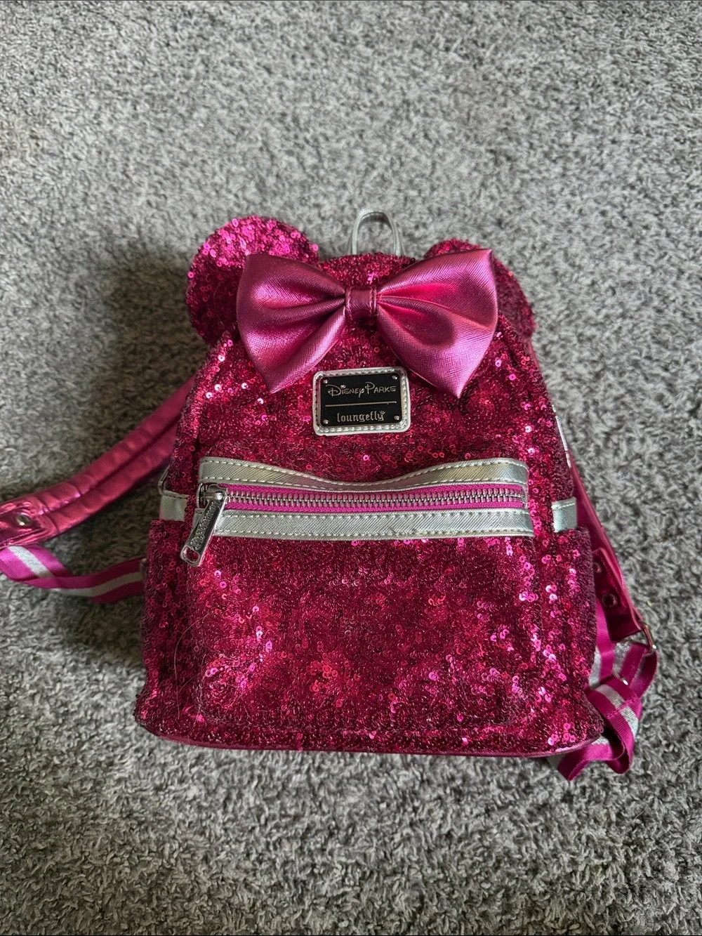 Disney Hot Pink Sequin Minnie Bow Mini Backpack Loungefly rare